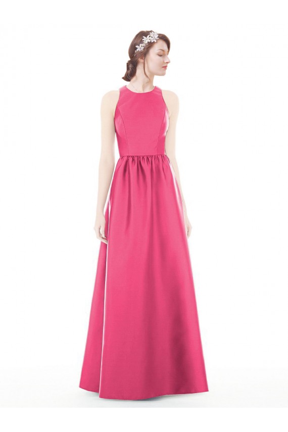 Online Jewel Neck Keyhole Back Sleek Long Satin Bridesmaid Dress