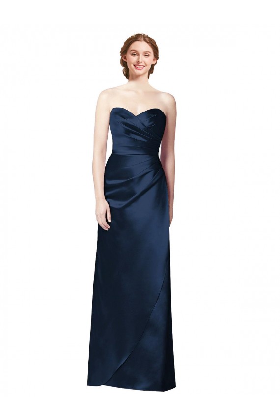 Online Faux Wrap A-Line Long Satin Bridesmaid Dress with Draped Bodice