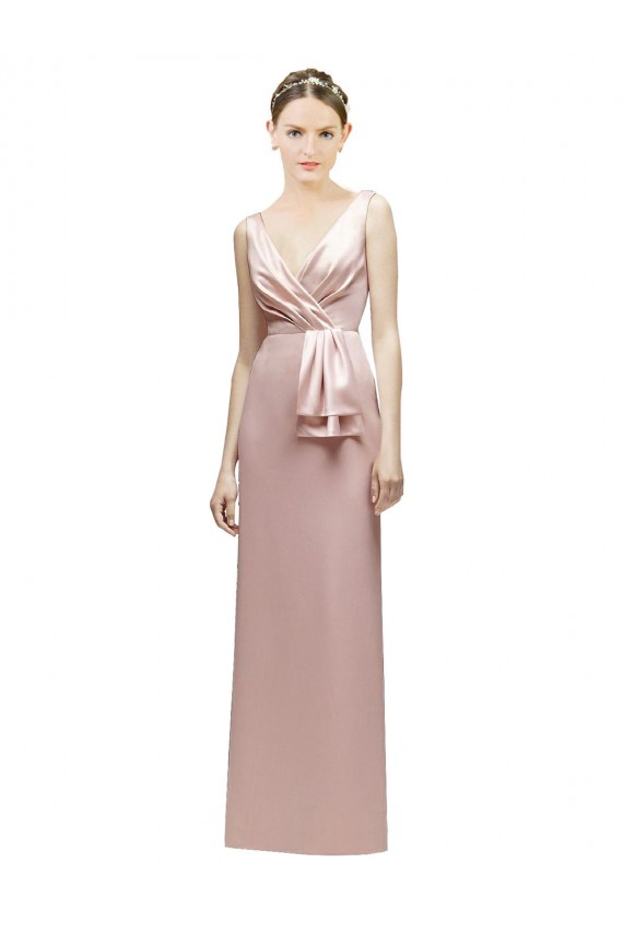 Online Sleeveless V-Neck Long Satin Bridesmaid Dress with Draped Bodice and Tiered Bow
