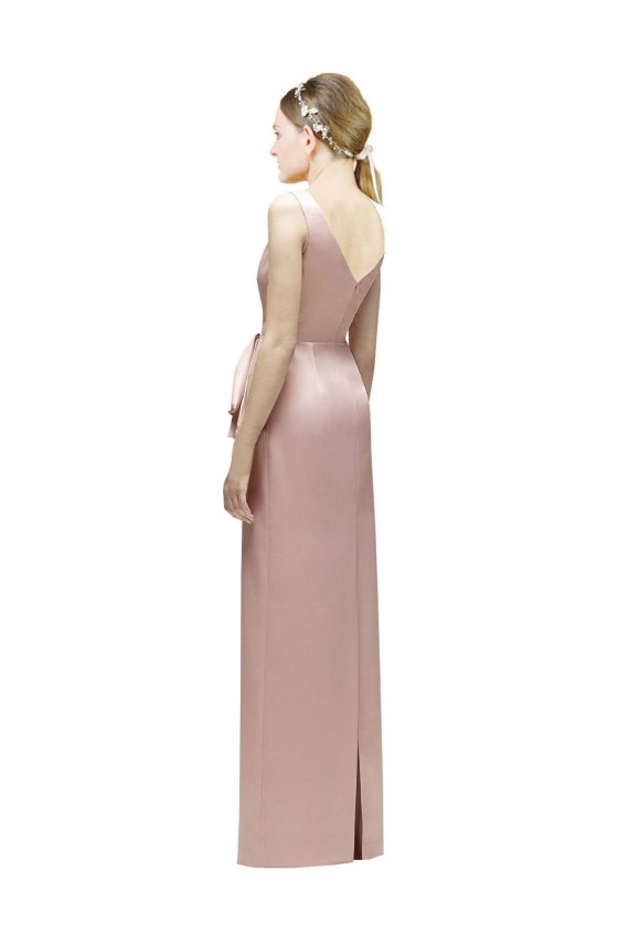 Online Sleeveless V-Neck Long Satin Bridesmaid Dress with Draped Bodice and Tiered Bow