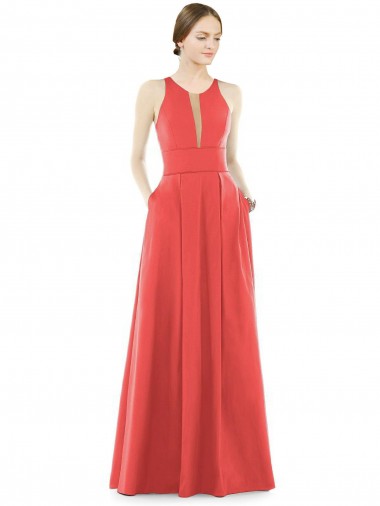 Online Sheer V-Neck Tulle Illusion Long Satin Bridesmaid Dress
