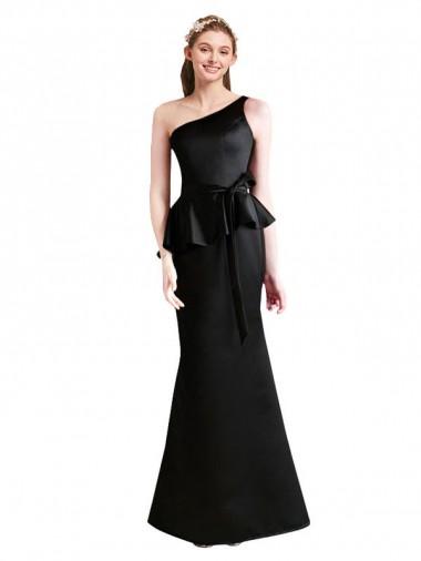 Online Long One Shoulder Satin Bridesmaid Dress with Bow Ties