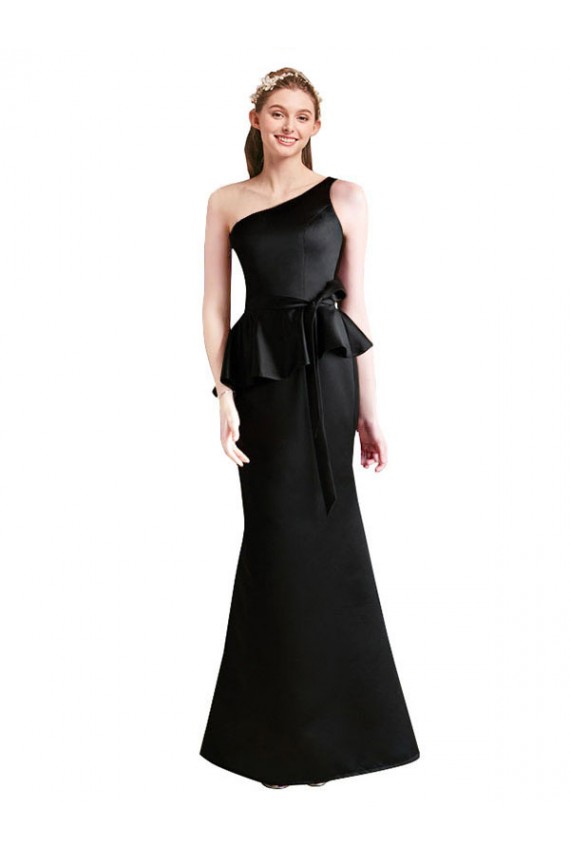 Online Long One Shoulder Satin Bridesmaid Dress with Bow Ties