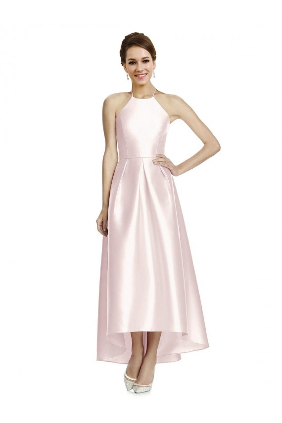 Online Long High-Low Halter Satin Bridesmaid Dress with Criss-Cross Back