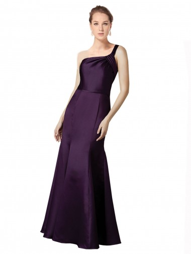Online Long Ruched Neckline One Shoulder Satin Bridesmaid Dress