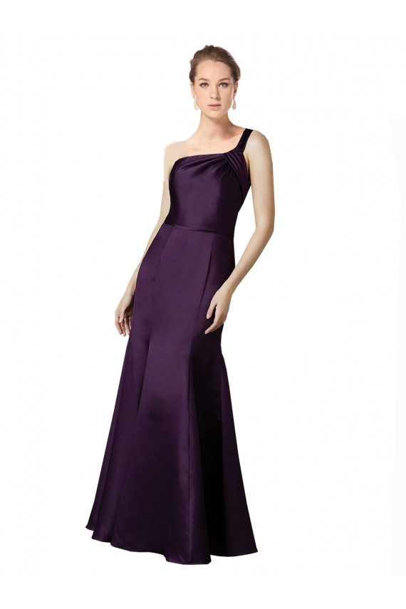 Online Long Ruched Neckline One Shoulder Satin Bridesmaid Dress