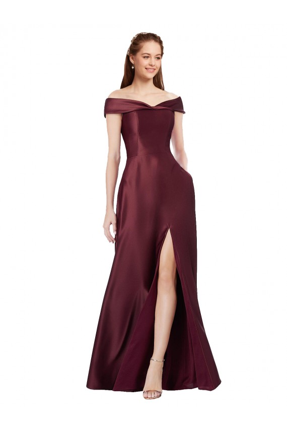 Online Long Off the Shoulder Satin Bridesmaid Dress with Thigh-high Slit