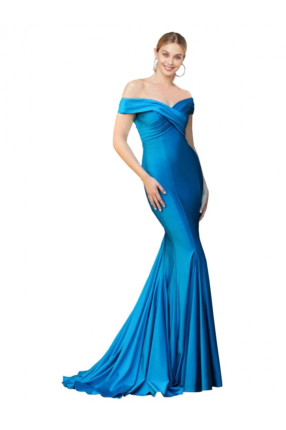 Online Off the Shoulder Long Chapel Train Luxe Satin Bridesmaid Dress