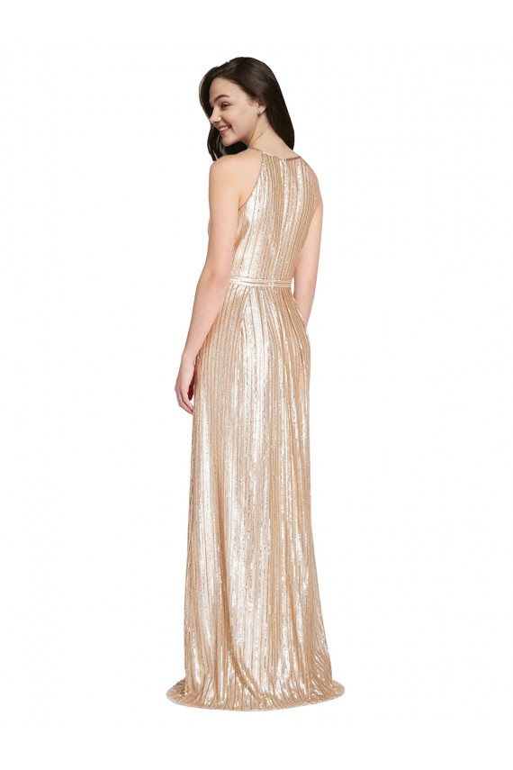 Online Floor Length Halter Neck Sparkling Sequin Bridesmaid Dress with Pleats