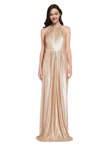 Online Floor Length Halter Neck Sparkling Sequin Bridesmaid Dress with Pleats