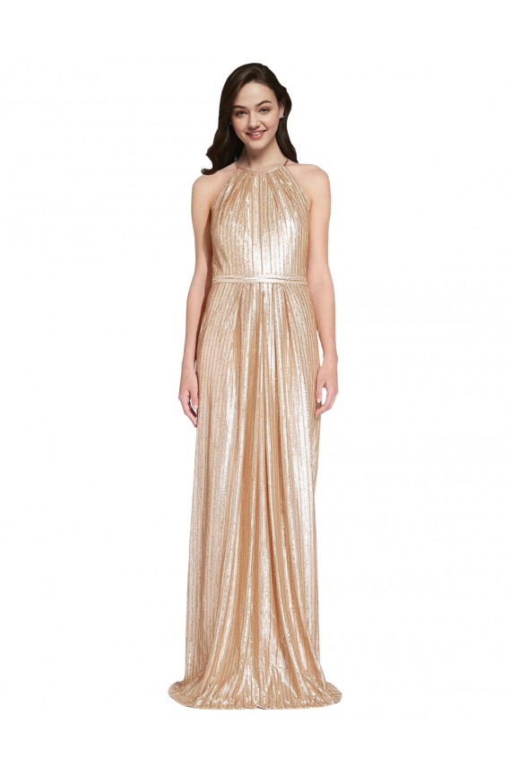 Online Floor Length Halter Neck Sparkling Sequin Bridesmaid Dress with Pleats