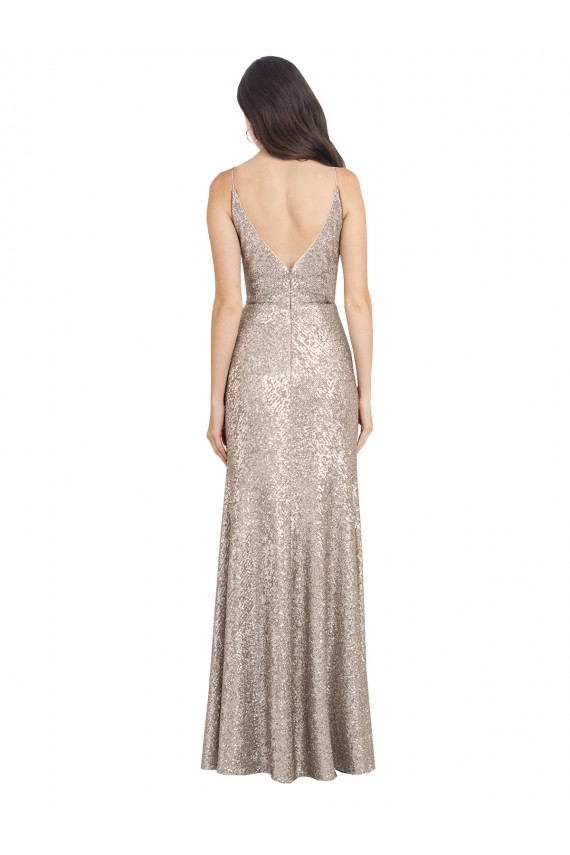 Online V-Neck Fully Sequin Bridesmaid Dress with V-Back and Front Slit