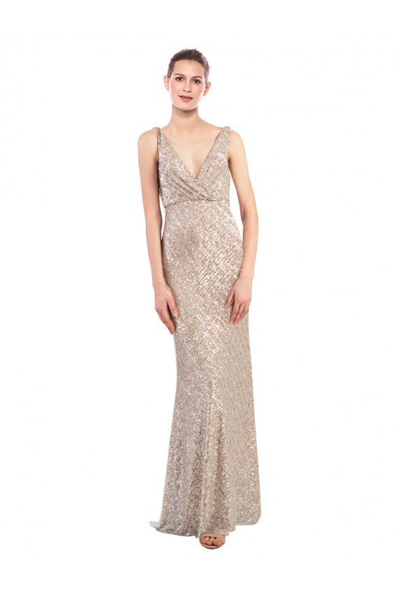 Online Faux Surplice V-Neck Slim Sparkling Sequin Bridesmaid Dress