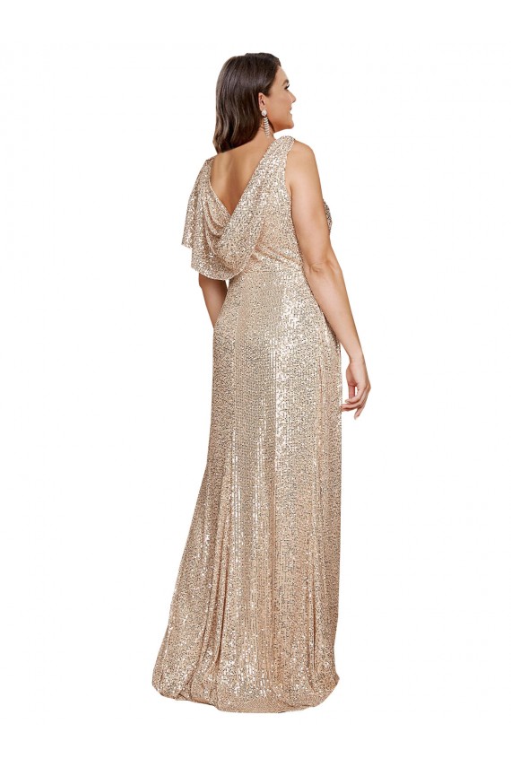 Online Deep V-Neck Sleeveless Sparkling Sequin Bridesmaid Dress with Draped Cowl Back