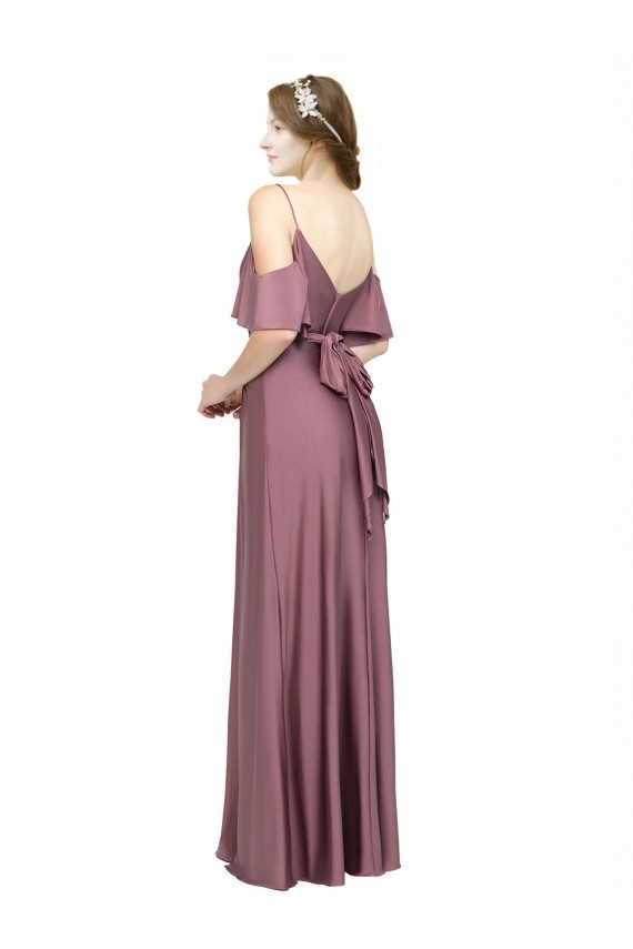 Online Draped Cold Shoulder Sleeves Long Silky Satin Bridesmaid Dress with Slit and Tie Back