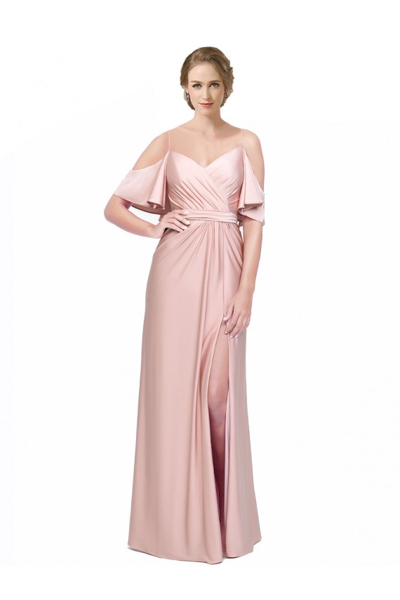 Online Draped Cold Shoulder Sleeves Long Silky Satin Bridesmaid Dress with Slit and Tie Back