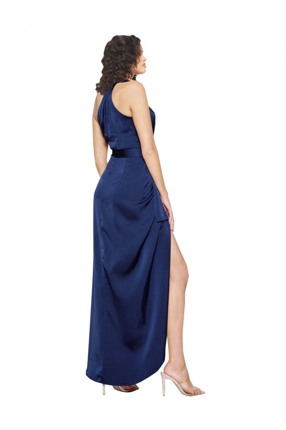 Online Full Length High Neck Wrap Silky Satin Bridesmaid Dress with Waist Tie