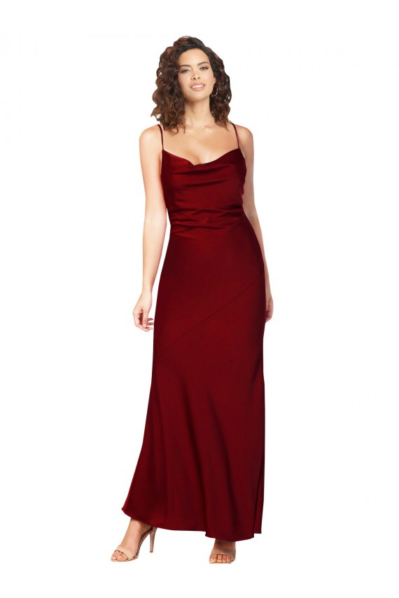 Online Cowl Neck Low Back Silky Satin Bridesmaid Dress with Thin Back Straps