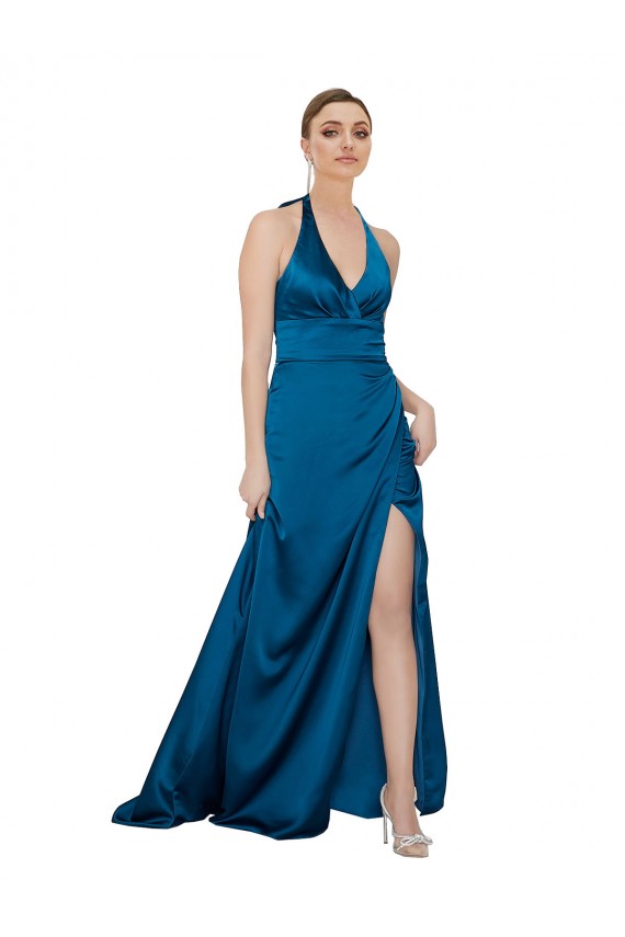 Online Halter Neck Silky Satin Bridesmaid Dress