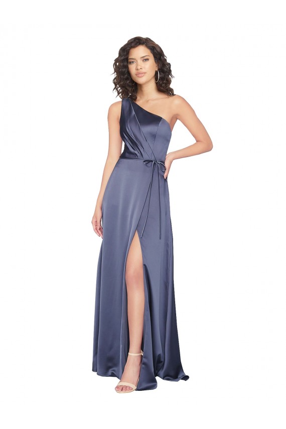 Online Draped Silky Satin Bridesmaid Dress with Tied Waist