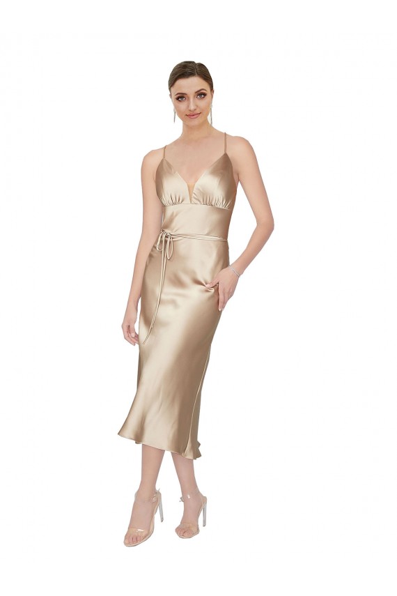 Online Empire Waist Midi Silky Satin Bridesmaid Dress