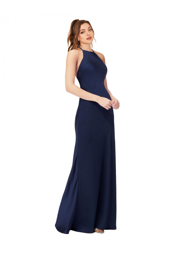 Online High Neck Satin Bridesmaid Dress with Strappy Back