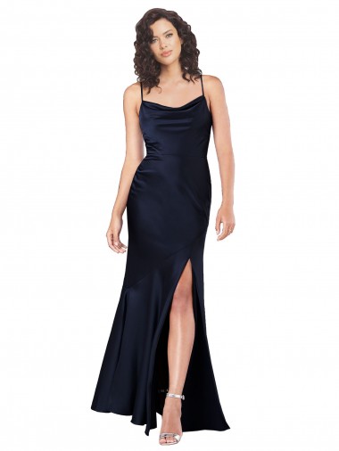 Online Draped Cowl Neck Silky Satin Bridesmaid Dress with Skirt Slit