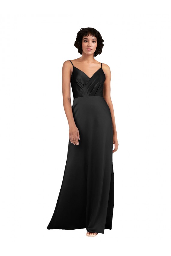 Online Full Length V-Neckline Silky Satin Bridesmaid Dress with Spaghetti Straps