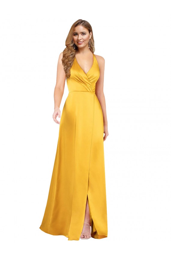Online Halter A-Line Silky Satin Bridesmaid Dress with V-Neckline and Slit
