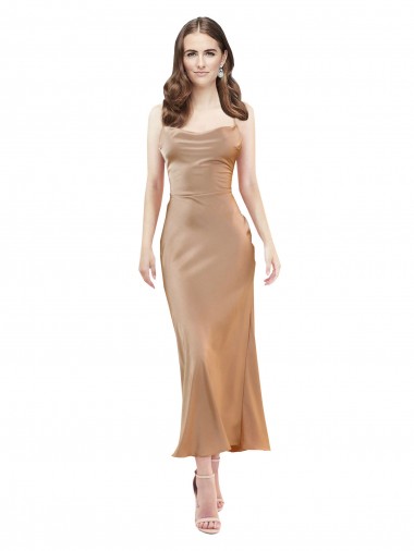 Online Cowl Neck Silky Satin Midi Length Bridesmaid Dress Low Back