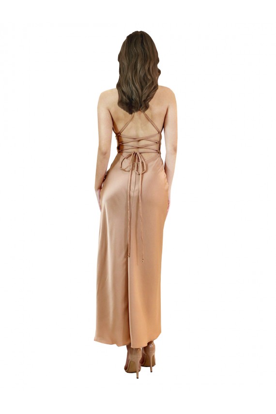 Online Cowl Neck Silky Satin Midi Length Bridesmaid Dress Low Back