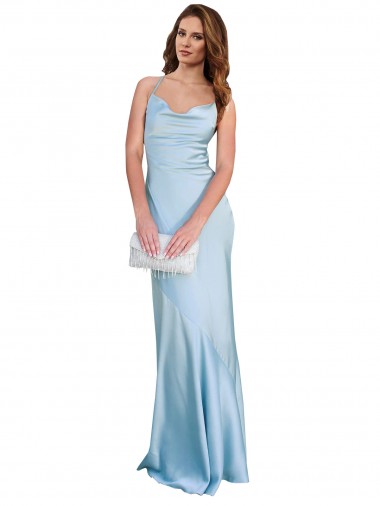 Online Open Back with Ties Cowl Neck Sheath Silky Satin Long Bridessmaid Dress