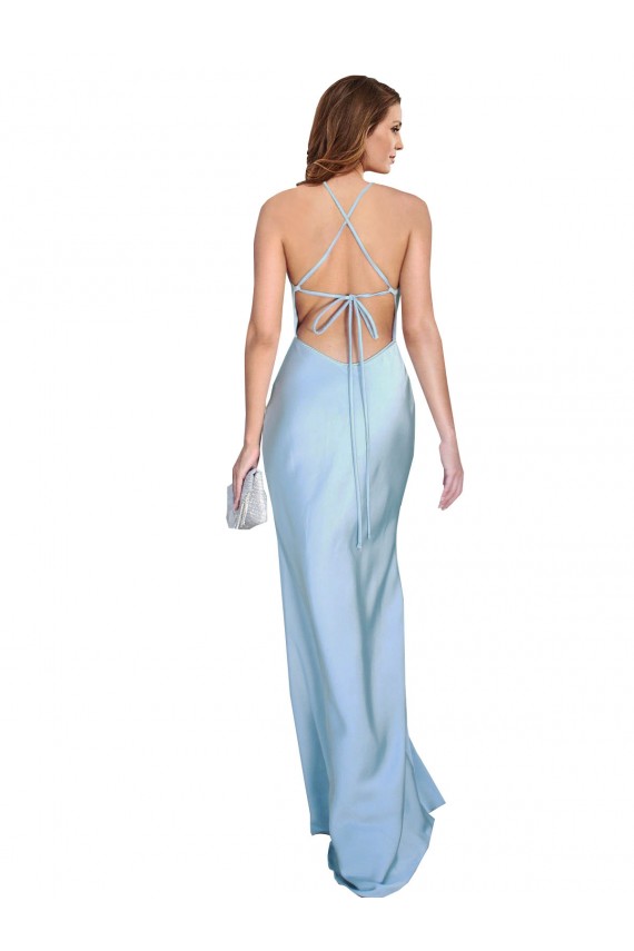 Online Open Back with Ties Cowl Neck Sheath Silky Satin Long Bridessmaid Dress