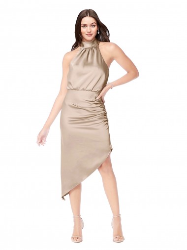 Online Silky Satin Bridesmaid Dress with Asymmetric Skirt