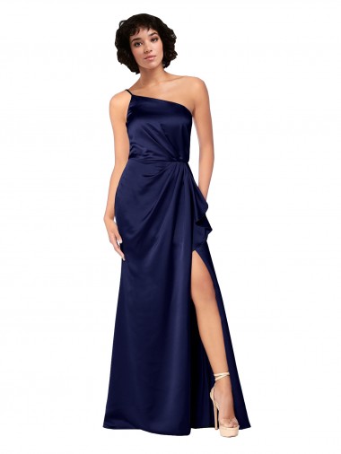 Online One Shoulder Silky Satin Bridesmaid Dress with Skirt Slit