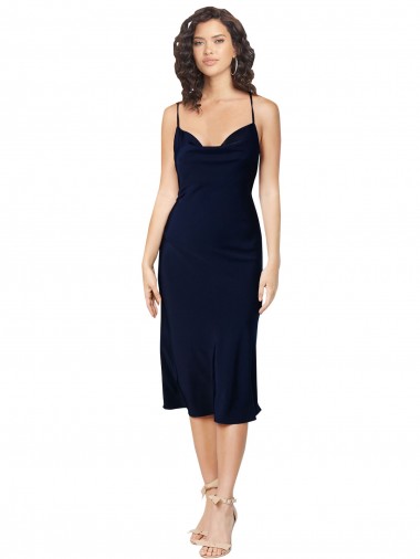Online Short Midi Length Silky Satin Bridesmaid Dress with Cowl Neck and Cross Back Straps