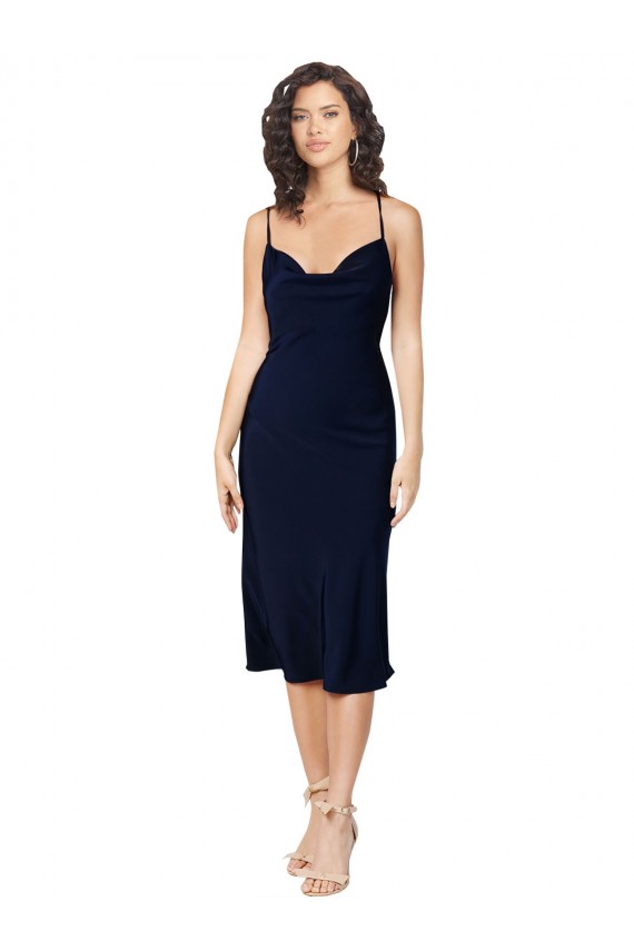 Online Short Midi Length Silky Satin Bridesmaid Dress with Cowl Neck and Cross Back Straps