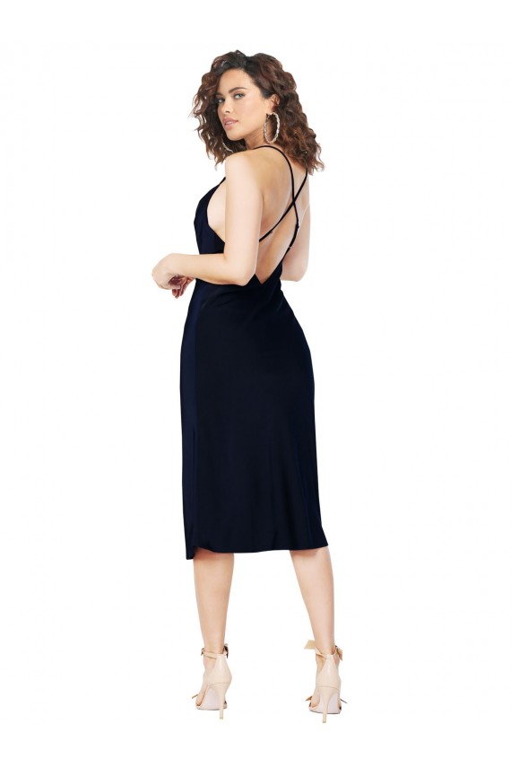 Online Short Midi Length Silky Satin Bridesmaid Dress with Cowl Neck and Cross Back Straps