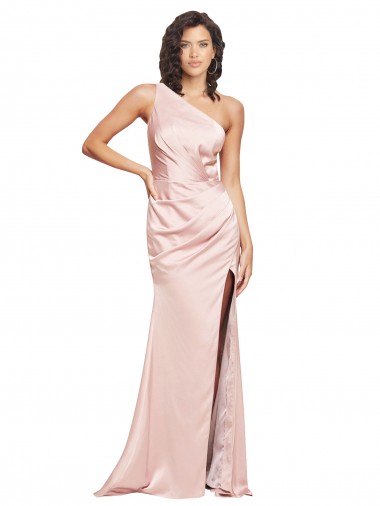 Online Full Length Ruched Silky Satin Bridesmaid Dress with Low Back and High Split