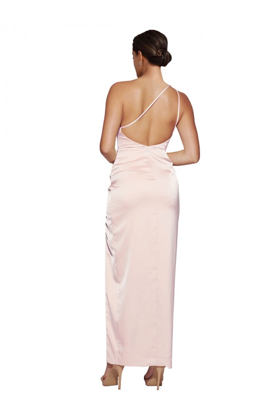 Online One Shoulder Full Length Long Silky Satin Bridesmaid Dress with Thigh Split