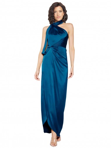Online High Halter Neck Silky Satin Bridesmaid Dress with Sash Overlay and Side Split