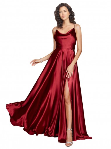 Online Silky Satin Cowl Neckline Long Bridesmaid Dress with Spaghetti Straps