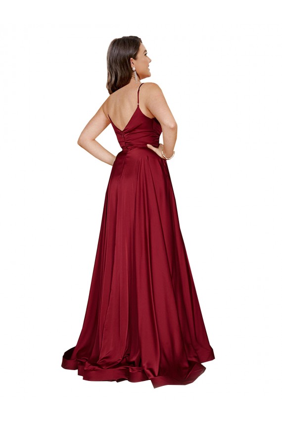 Online Deep V-Neck Sweetheart Long Silky Satin Bridesmaid Dress with Thigh High Slit