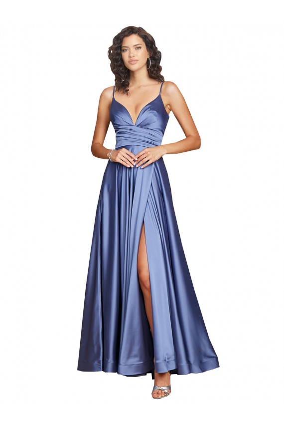 Online Deep V-Neck Sweetheart Long Silky Satin Bridesmaid Dress with Thigh High Slit