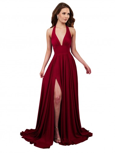 Online A-Line Halter Plunge V-Neckline Open Back Spandex Bridesmaid Dress with Slit