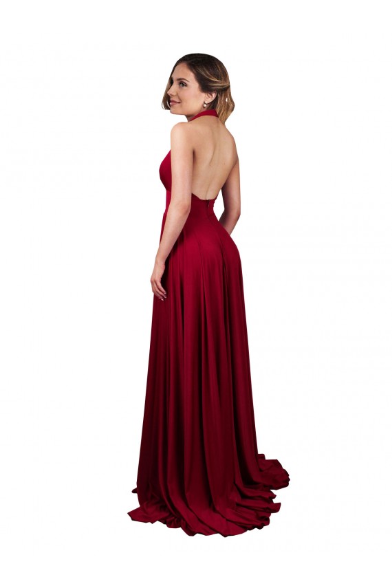 Online A-Line Halter Plunge V-Neckline Open Back Spandex Bridesmaid Dress with Slit
