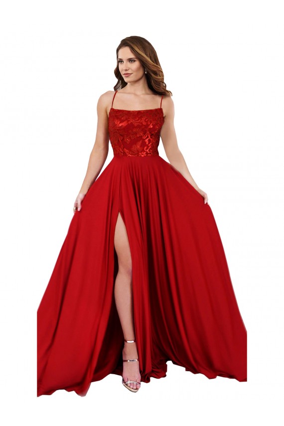 Online Lace Over Bodice Long Spandex Bridesmaid Dress with Slit