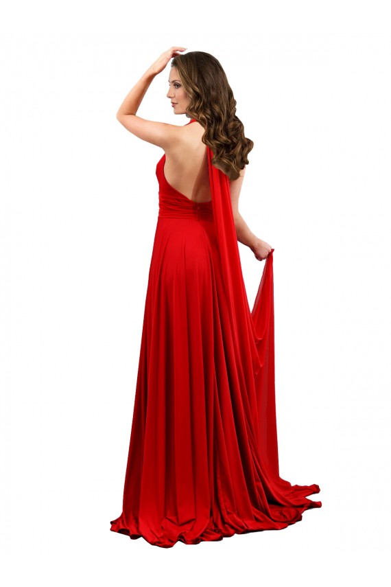 Online High Slit A-Line Halter Long Spandex Bridesmaid Dress Open Back