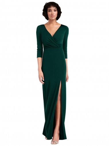 Online Floor Length 3/4 Sleeves V-Back Draped Wrap Maxi Spandex Bridesmaid Dress