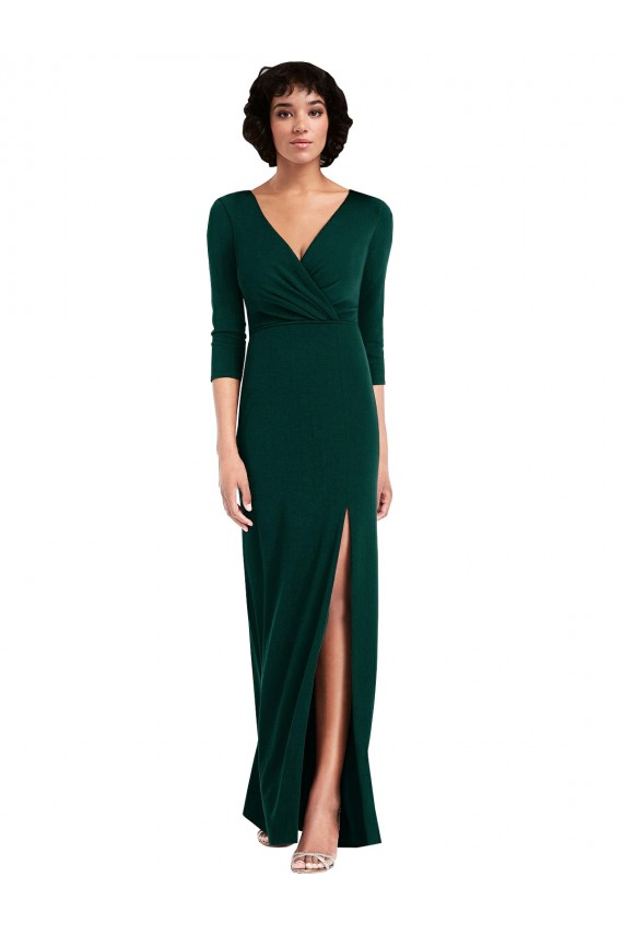 Online Floor Length 3/4 Sleeves V-Back Draped Wrap Maxi Spandex Bridesmaid Dress
